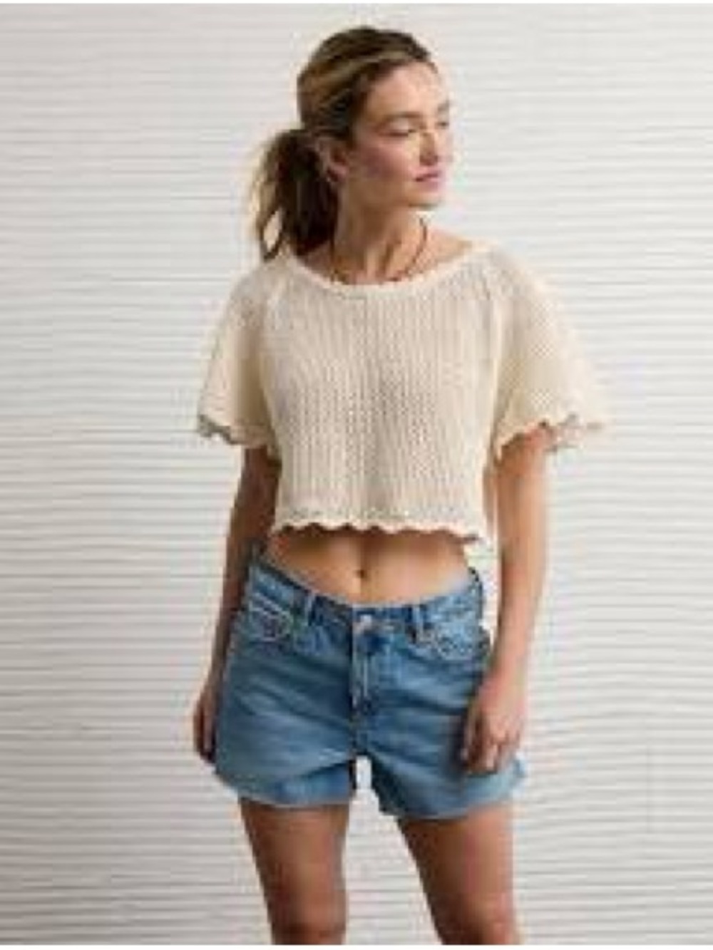 AE Crochet Crop Top - Cream Short Sleeve Knit